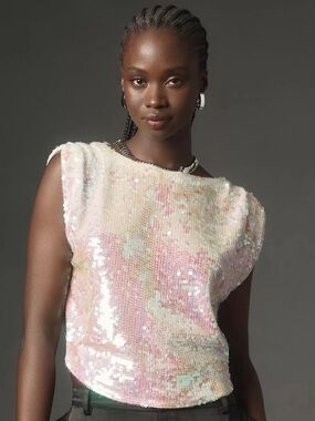 Pilcro Pink Iridescent Sequin Sleeveless Muscle Wool Cashmere Sweater Top Party